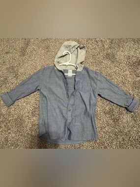 Carter's Blue Chambray Button-Up with Gray Hood